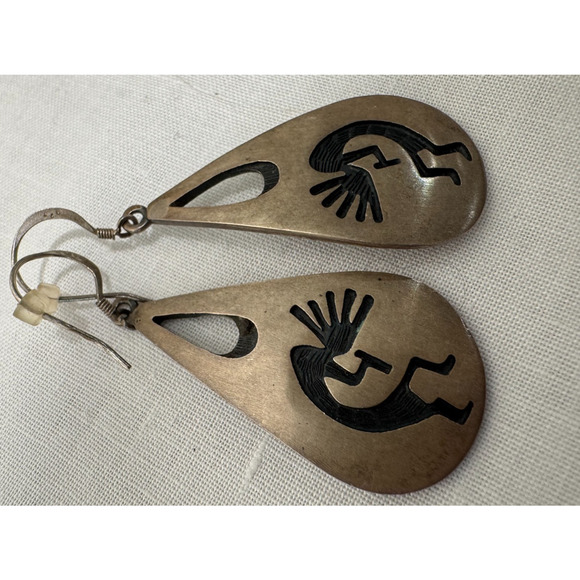 Native American Hopi Kokopelli Dancer Earrings Dangle Signed F Sterling Silver - Picture 5 of 6